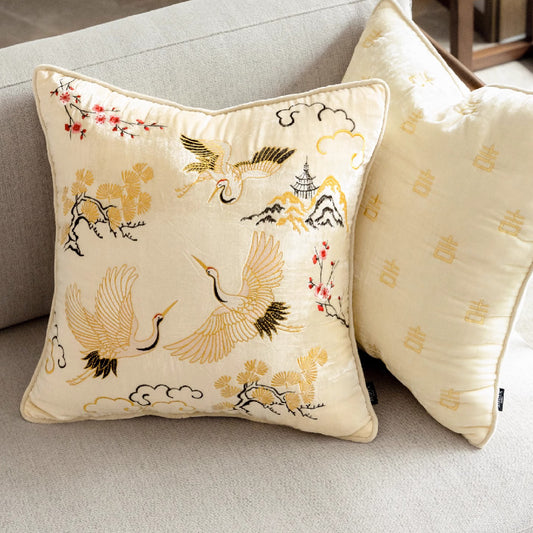 Crane Embroidered Pillow