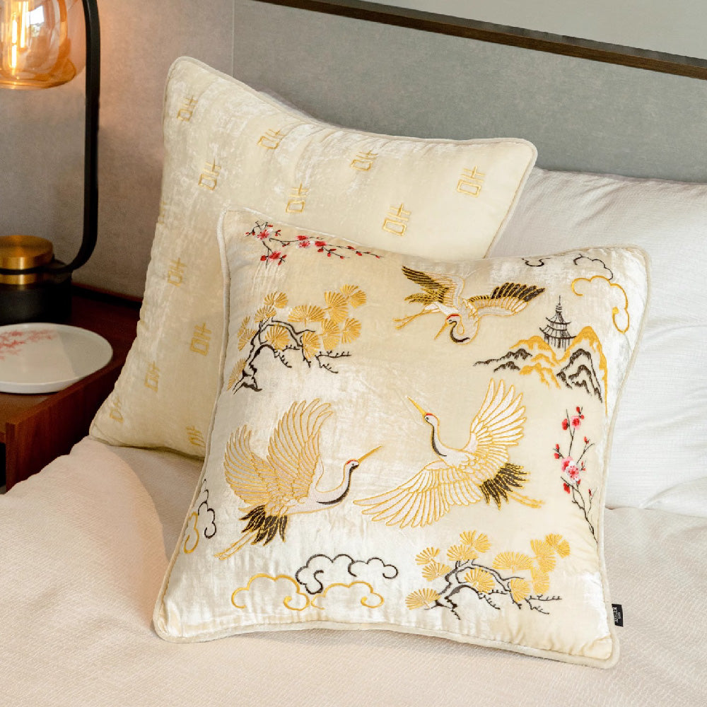 Crane Embroidered Pillow