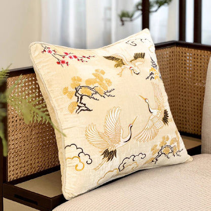 Crane Embroidered Pillow