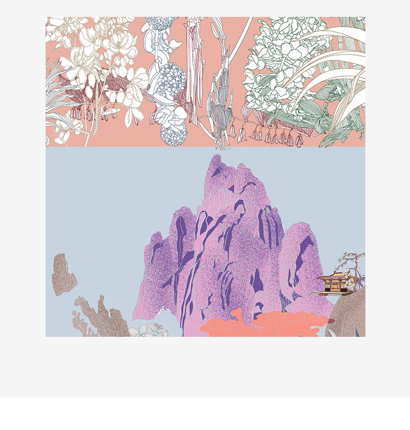 "The New Peach Blossom Spring" 18mm Fine Silk Twill Hand-Rolled Edge Mulberry Silk Long Scarf (45*180cm)