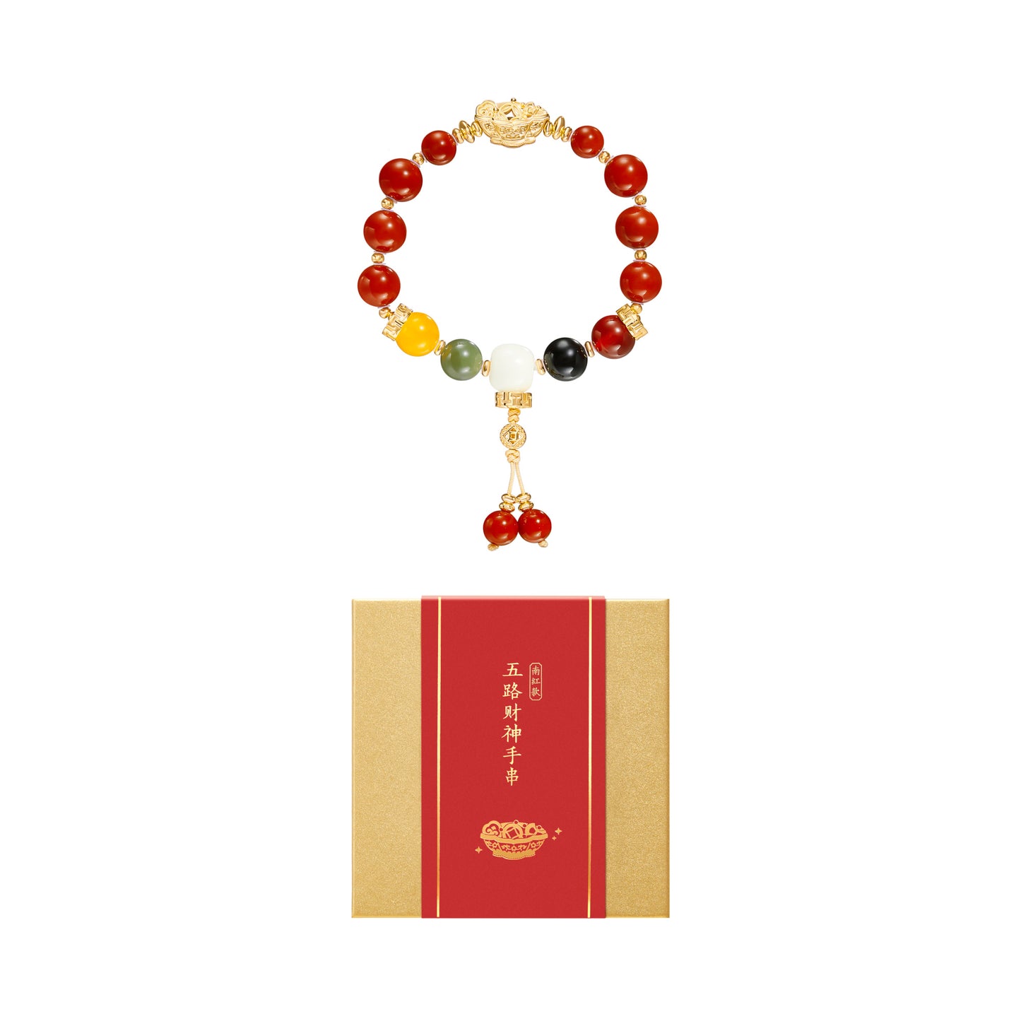 The Forbidden City Five Fortune Gods Bracelet with South Red Agate and Colored Glaze