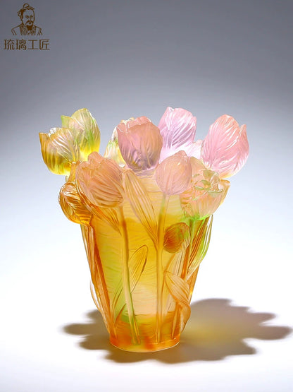 Zibo glazed handicraft ornaments, living room flower arrangement, decorations, creative tulip vases, light luxury, high-end gifts