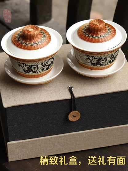 Bamboo Porcelain Panda Gaiwan Teacup Sichuan Province Intangible Cultural Heritage Porcelain Body Bamboo Weaving Handmade Bamboo Art Culture Conference to send guests