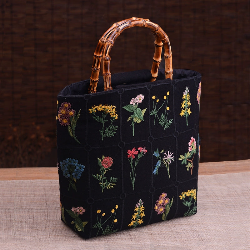 Original Chinese style handmade literary embroidery, black bamboo hand-held bag, large cloth bag, Zen simple and versatile, new