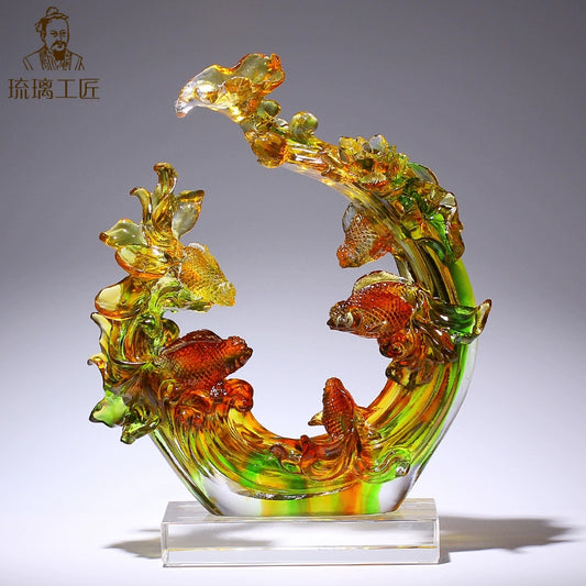 Glazed handicrafts, high-grade gold and jade, fish ornaments, living room, high-end sense of fortune, crystal, light luxury ornaments, gifts