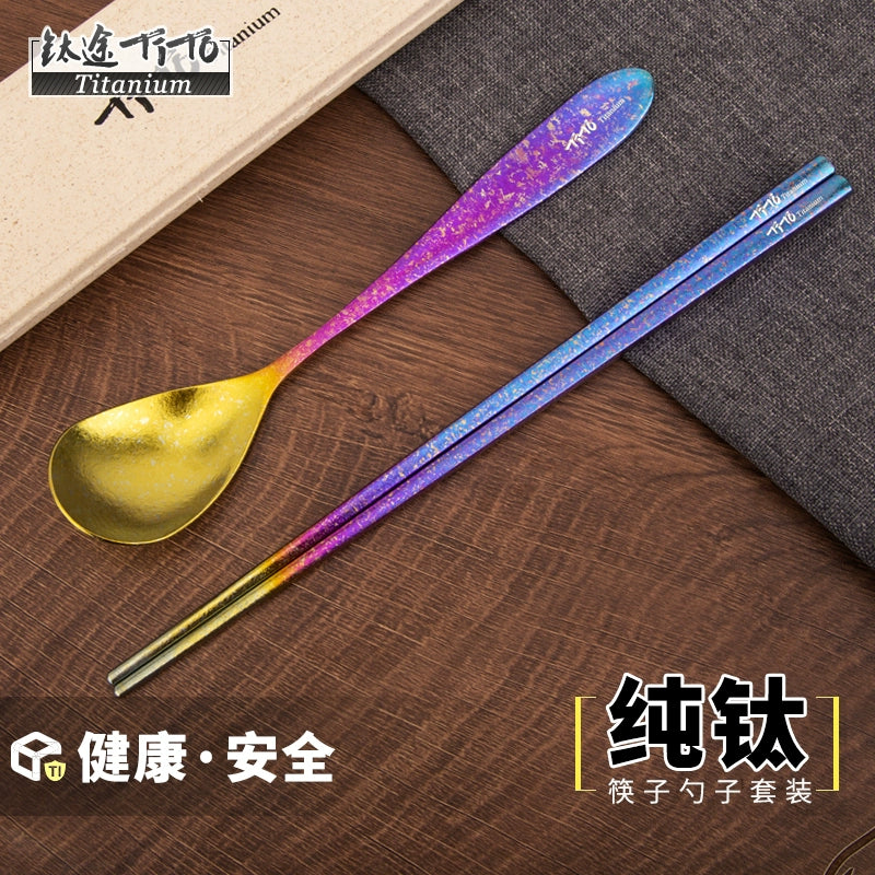 Titanium way TiTo pure titanium ice flower colorful chopsticks spoon fork cup tableware set gift outdoor camping picnic