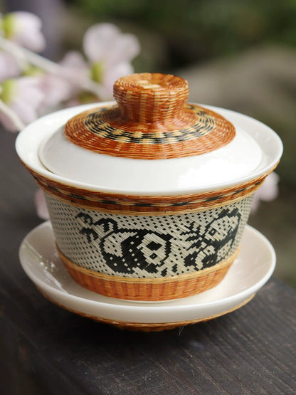 Bamboo Porcelain Panda Gaiwan Teacup Sichuan Province Intangible Cultural Heritage Porcelain Body Bamboo Weaving Handmade Bamboo Art Culture Conference to send guests