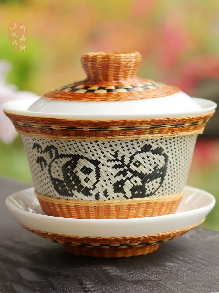 Bamboo Porcelain Panda Gaiwan Teacup Sichuan Province Intangible Cultural Heritage Porcelain Body Bamboo Weaving Handmade Bamboo Art Culture Conference to send guests