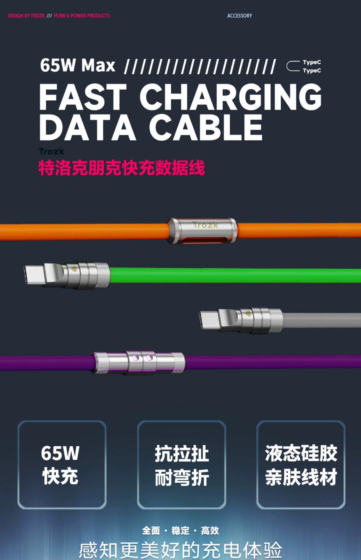 Trozk Tlock fast charging data cable 65W safe, stable and efficient, Type-c interface multi-function Android charging