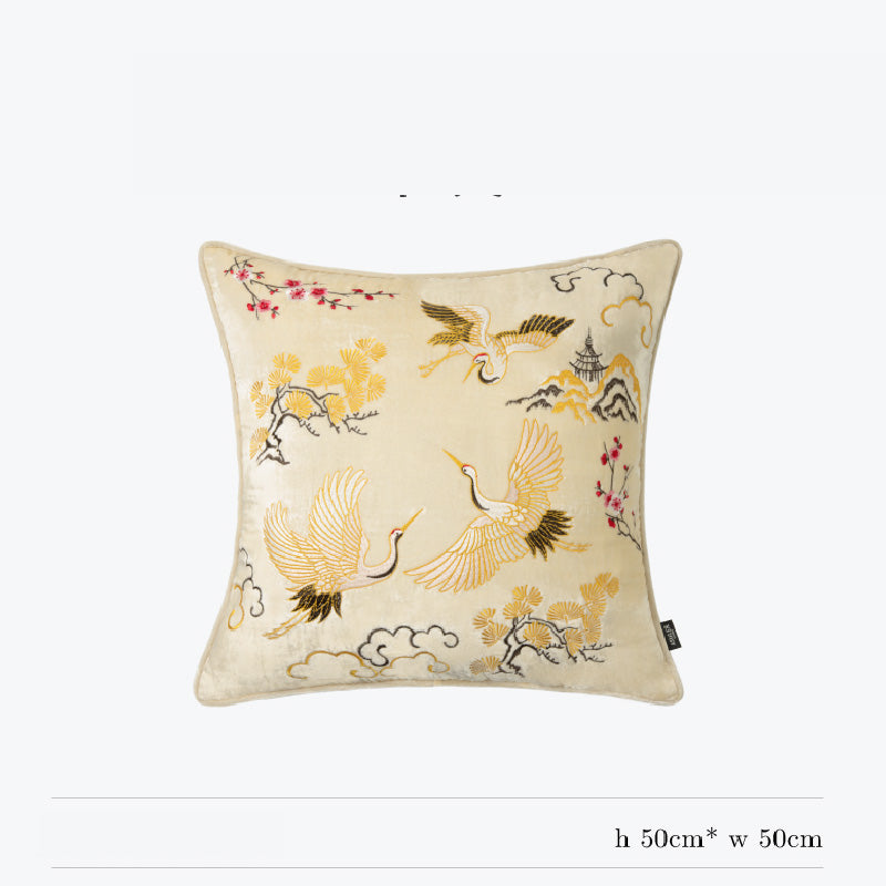 Crane Embroidered Pillow